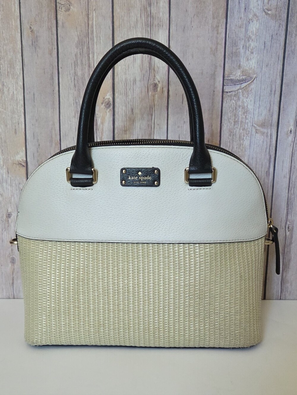 kate spade Cream & Black Dome Satchel with Woven Base - Picture 15 of 16